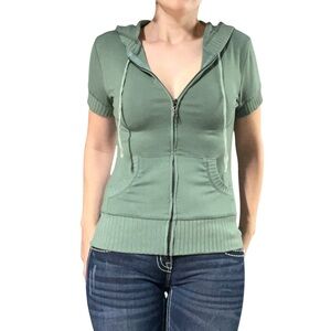 Y2K Green Zip Front Short Sleeve Ribbed Hem Hoodie